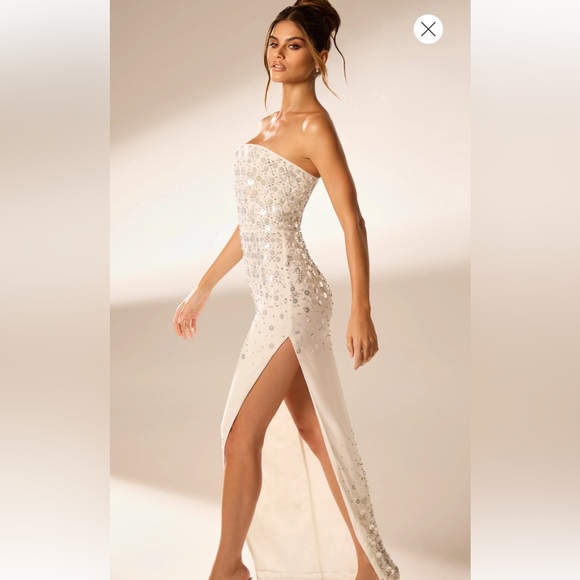 Oh Polly Hand Embellished Bandeau Maxi Dress in Ivory - Picture 4 of 8